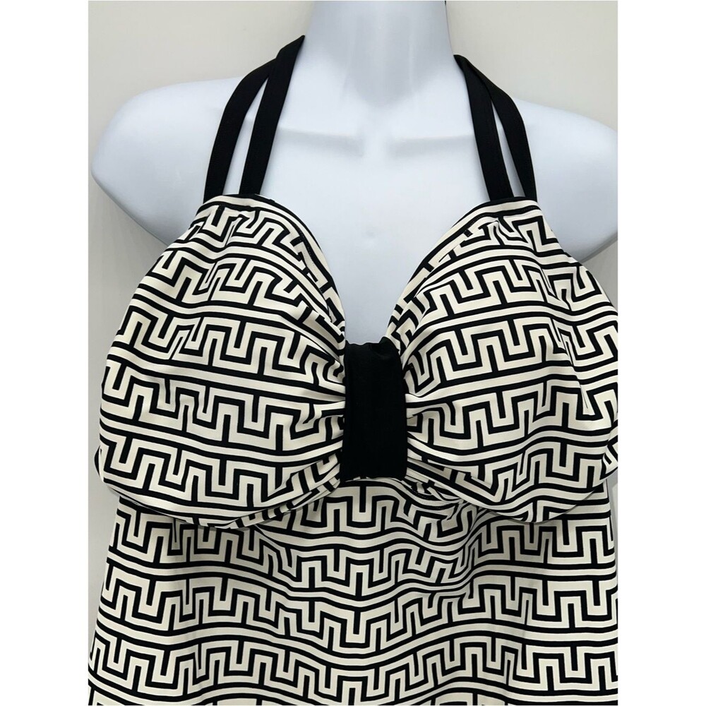 Cacique Black & White Geometric Print Tankini Halter Style Swim Top Only-Size 22